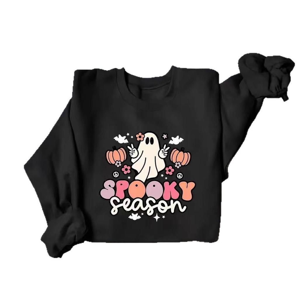 2025 Halloween Ghost Print Round Neck Long Sleeve Hoodie for Europe and America
