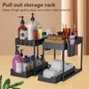 Kitchen Shelf Pull Out Organiser Sliding Cabinet Basket Organizer with Hooks 2 Tier Multi-Functional Bathroom Storage Shelf