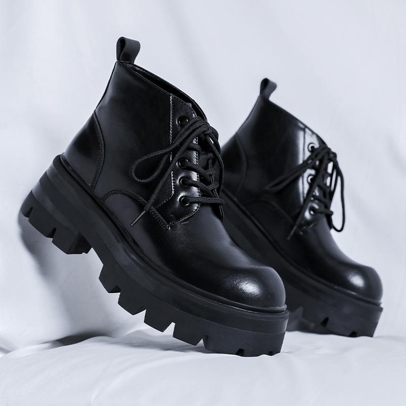 Ботильоны на толстой подошве для мужчин, круглые носки, черные, на шнуровке, мужские мотоциклетные ботинки, новый тренд, кожа, высокие каблуки, мужская обувь, высокий верх