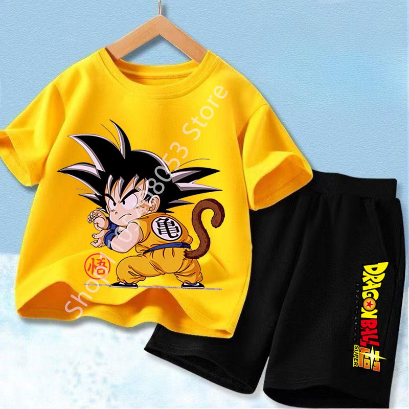 2026 Anime Cool Goku Dragon Ball Z Boys CosPlay Short Sleeve Shorts with Pocket Beach Pants Breathable T-shirt Kids Suit
