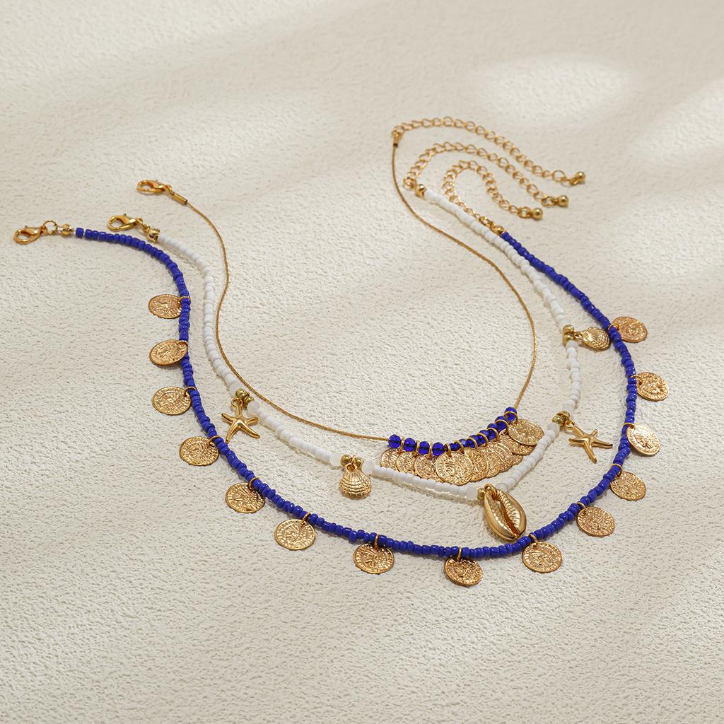 Literary and Retro-style Portrait, Coin Necklace, Unique Ethnic and Exotic Multi-layer Rice Bead Necklace