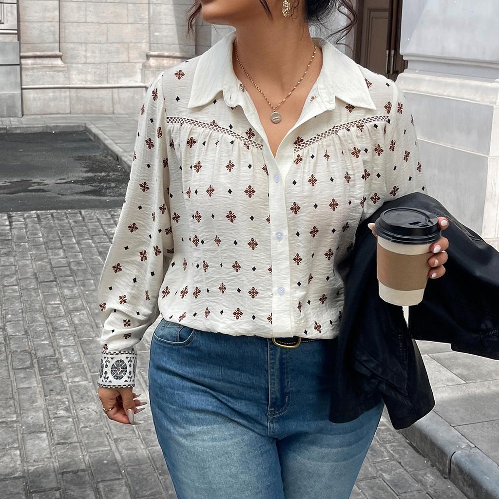 Europe and the United States new women's shirt top Amazon apricot printing hollow design polo collar fashion casual top