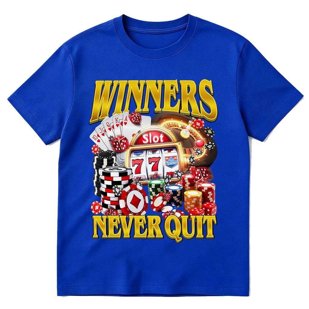 Winners Never Quit Funny Gambling T-Shirt, Vintage Bootleg Casino Meme Tee Shirt Slot Machine Poker Chips Retro Vegas T Shirt