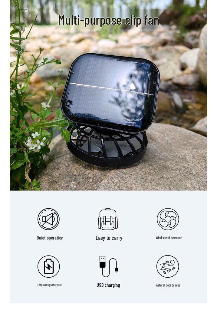 Solar Rechargeable Clip Fan with USB Charging and High Wind Power