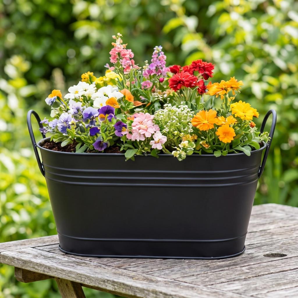 Metal Bucket with Handles Matte Black Tapered Oval Tub for