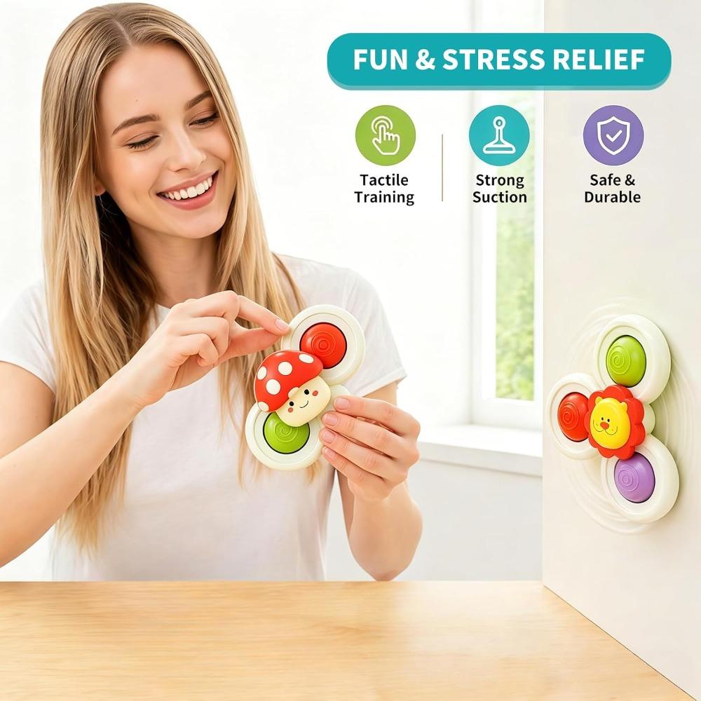 3-piece suction cup spinning top toy set, bubble fingertip spinners, bathroom toys, perfect for airplane and car travel, desk or window play (1 set)