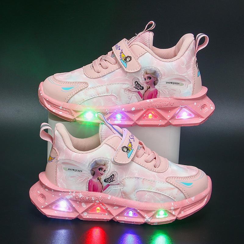 Кроссовки принцессы Эльзы для девочек, обувь для детей среднего и маленького возраста, ажурная сетка, дышащая, легкая, мягкая подошва, модная обувь для девочек