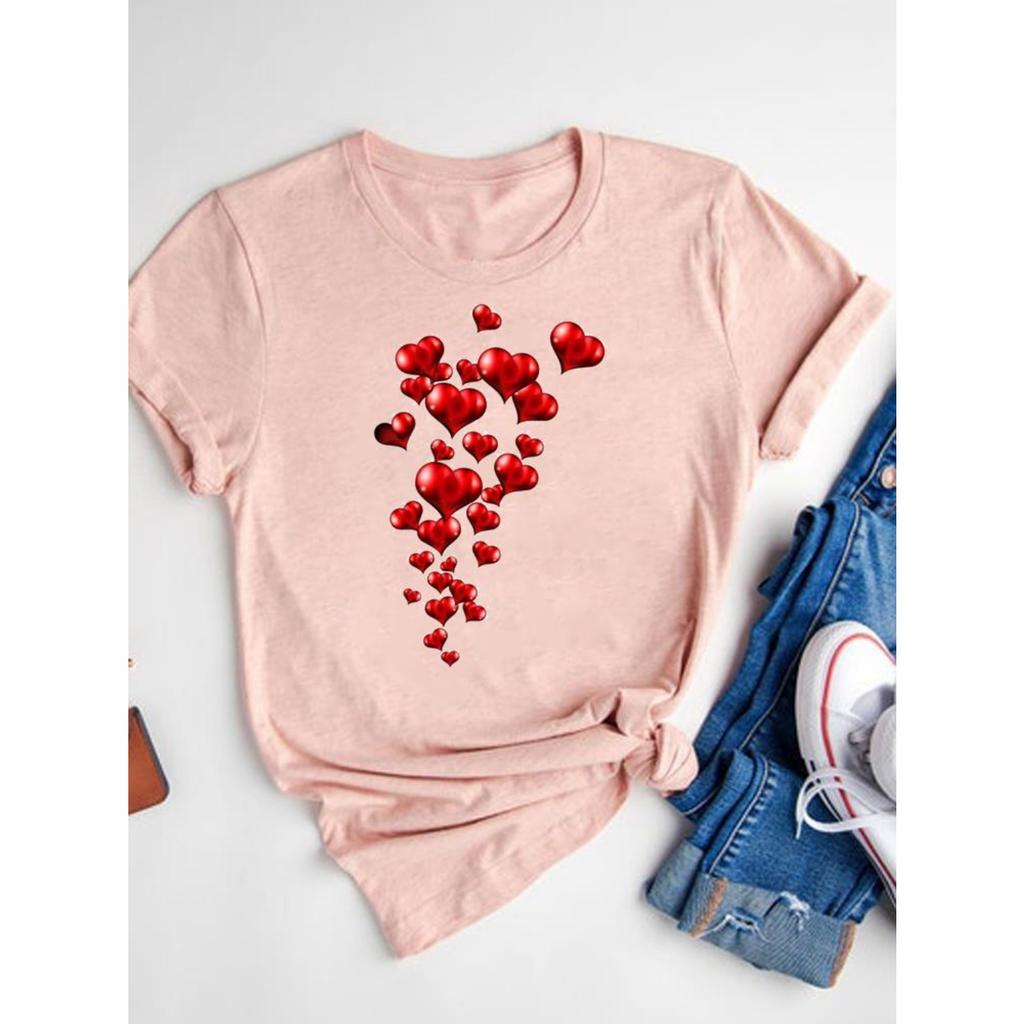 Watercolor Love Heart Sweet Fashion Short Sleeve Print T Shirt Tee Basic Clothing Summer Top Graphic T-shirt Women Clothes