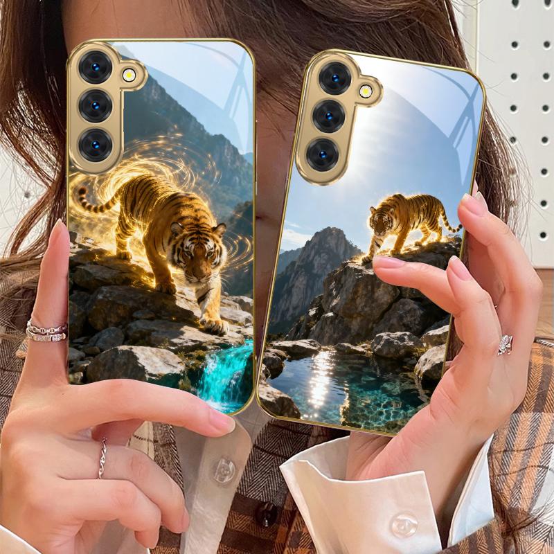 Золотой Благородный Тигр Для Samsung Galaxy S26 S20 FE S21 S22 S23 Plus S24 Ultra 25Ultra S21+ S9 S22 Золотой стеклянный чехол для телефона