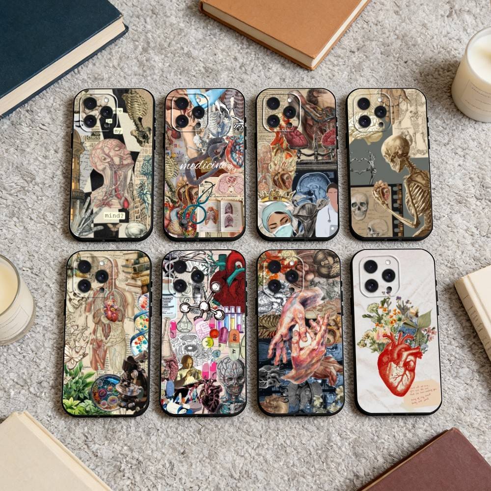 Медицинское искусство Медицина Коллаж Чехол для телефона Для iPhone 16,15,14,13,12,17,Pro Max,Plus Силиконовый Черный Чехол