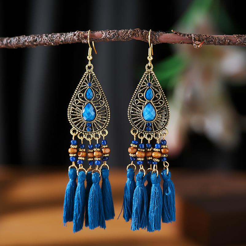 Fashion Bohemian Big Waterdrop Geometric Hollow Tassel Earrings For Women Wooden Beads Handmade Boho Female Wedding Drop Jewelry