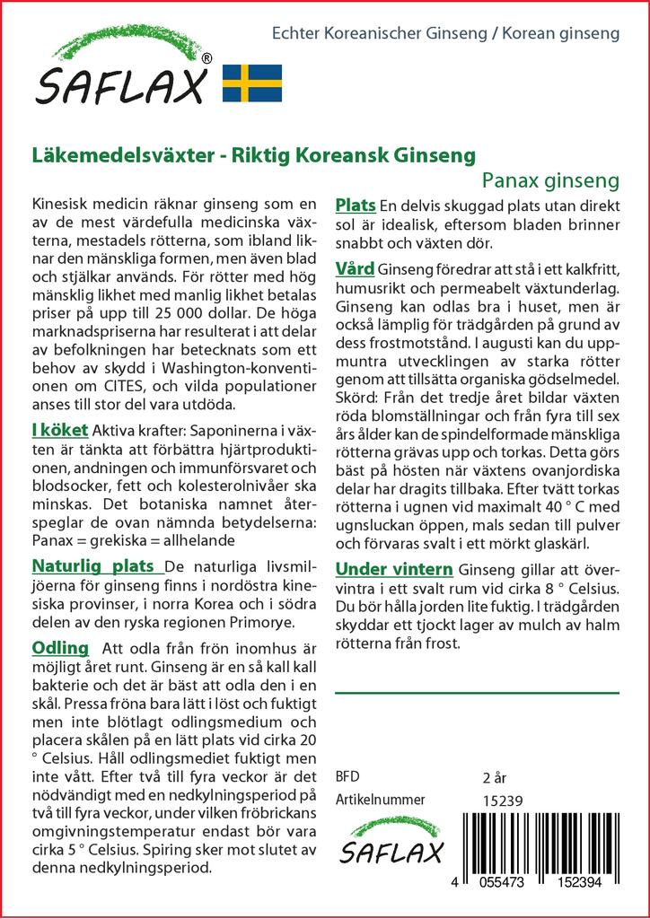 SAFLAX Garden in the Bag - Корейский женьшень - 10 семян - С субстратом в подходящем пакете-стойке - Женьшень Panax