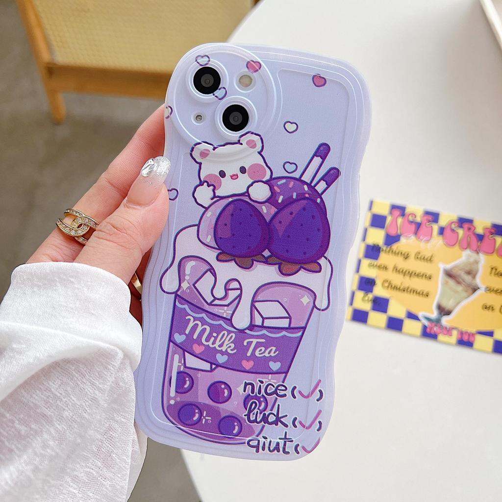 Wave Edge Silicone Case for Oppo A58 A78 A38 Samsung A54 A34 A24 A14 iPhone 15 14 Redmi Note 12 11 10 Infinix Note 30 Funda Milk Tea Bear Bunny Cover