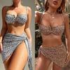 European and American Hot Girl Style Leopard Print Halter Bikini Split Swimsuit Three-Piece Set for Beach Vacation.