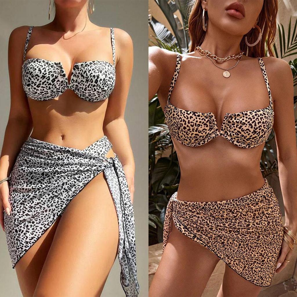 European and American Hot Girl Style Leopard Print Halter Bikini Split Swimsuit Three-Piece Set for Beach Vacation.