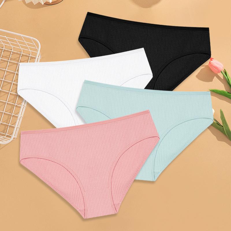 4Pcs Women's Cotton Ribbed Briefs Solid Breathable Elastic Underwear Sexy Simple Comfortable Panties Girls Soft Basics Lingerie