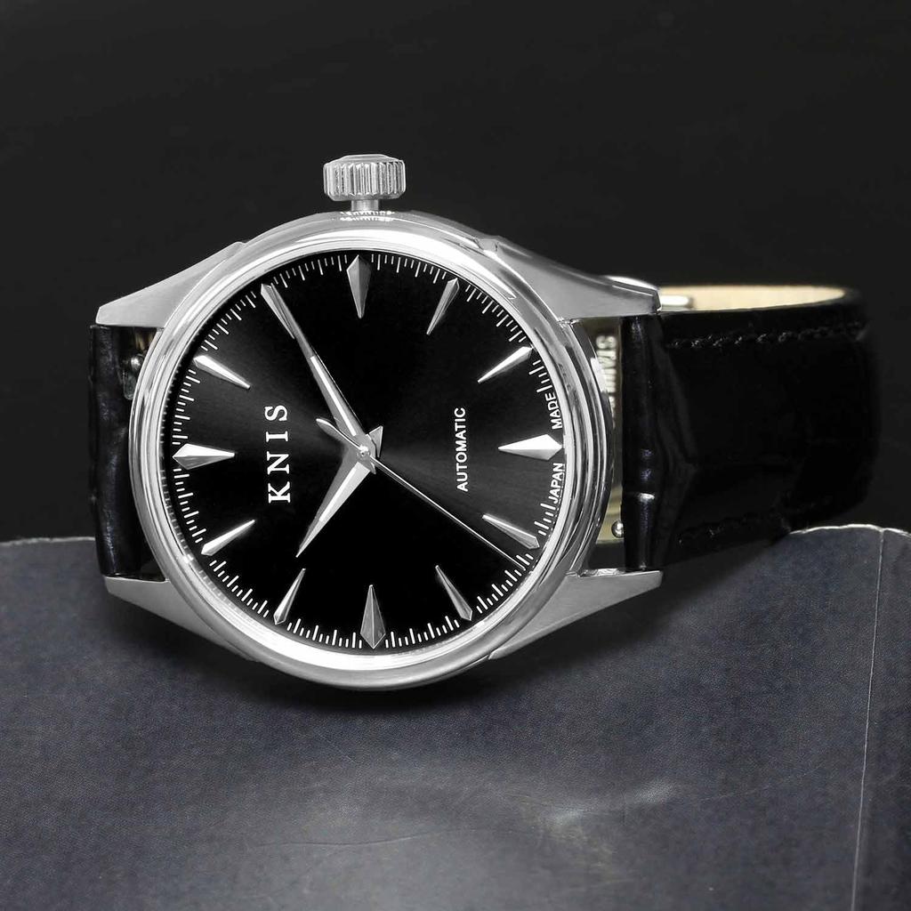 KNIS Varnish Сделано в Японии Автоматические часы Сапфировое стекло 10 АТМ Водонепроницаемость Механические Черные Кожаные Мужские KN001-BKBKLE