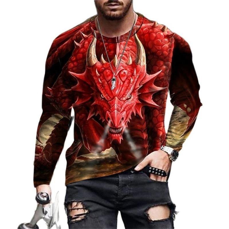 Men's Spring and Autumn Long Sleeve T-shirt Men's Loose Round Neck Hoodie 3D Printed Printed Long Sleeve Top