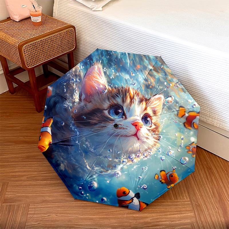1 шт. Автоматический складной зонт - Узор "Кот и Рыба-Клоун", Портативный и складной дизайн с 8 спицами, Рождественские и Новогодние подарки