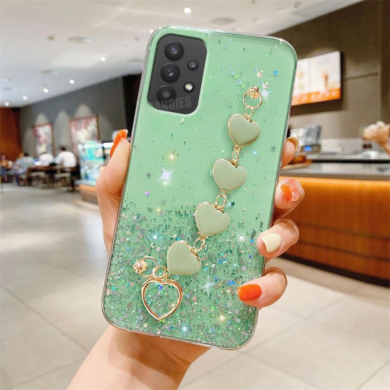 A 52 53 23 Блестящий чехол с цепочкой на запястье Love Heart для Samsung Galaxy A52 A53 A23 A13 A32 A72 A73 A33 4g 5g силиконовый чехол для браслета