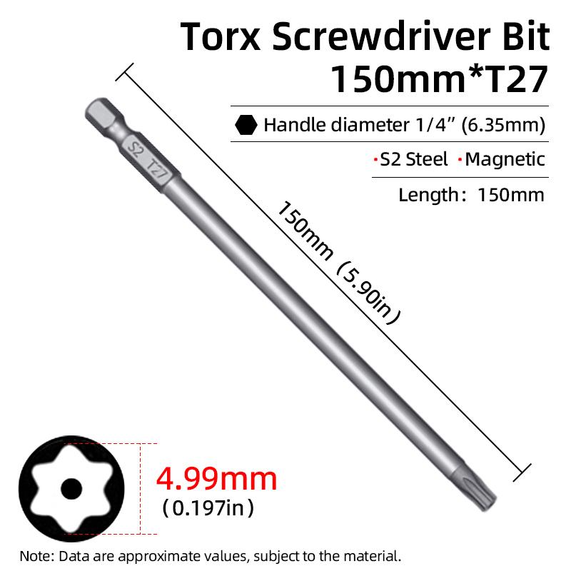 Магнитная отвертка Torx 150 мм T6-T40 1/4" шестигранный хвостовик полое отверстие сливовый цветок безопасные биты S2 сталь электрический ручной инструмент