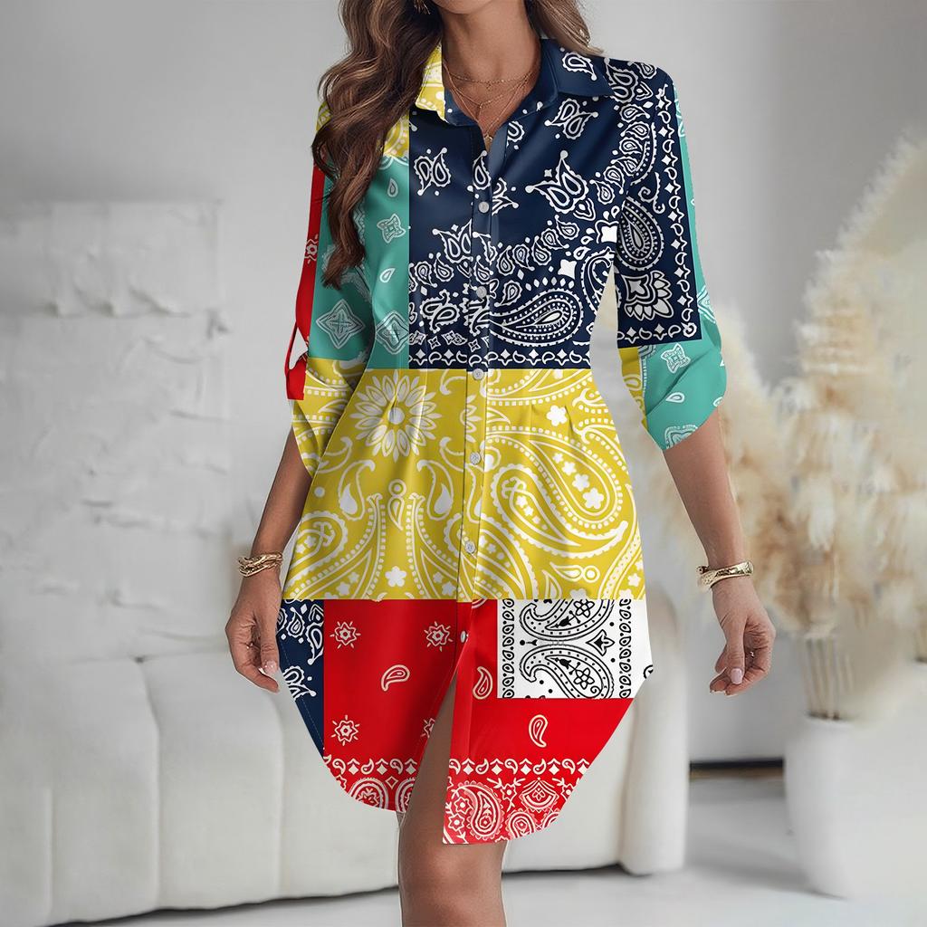 Женское платье свободного кроя с V-образным вырезом и длинными рукавами, с принтом, платье-рубашка для работы