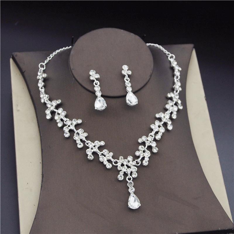 Crystal Bridal Wedding Jewelry Sets Women Gold Color Rhinestone Necklace Long Earrings Set Dress Accessories Bridesmaid