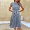 Summer Temperament Women's Round Neck Waist Cinched Solid Color Pleated Dress for Women