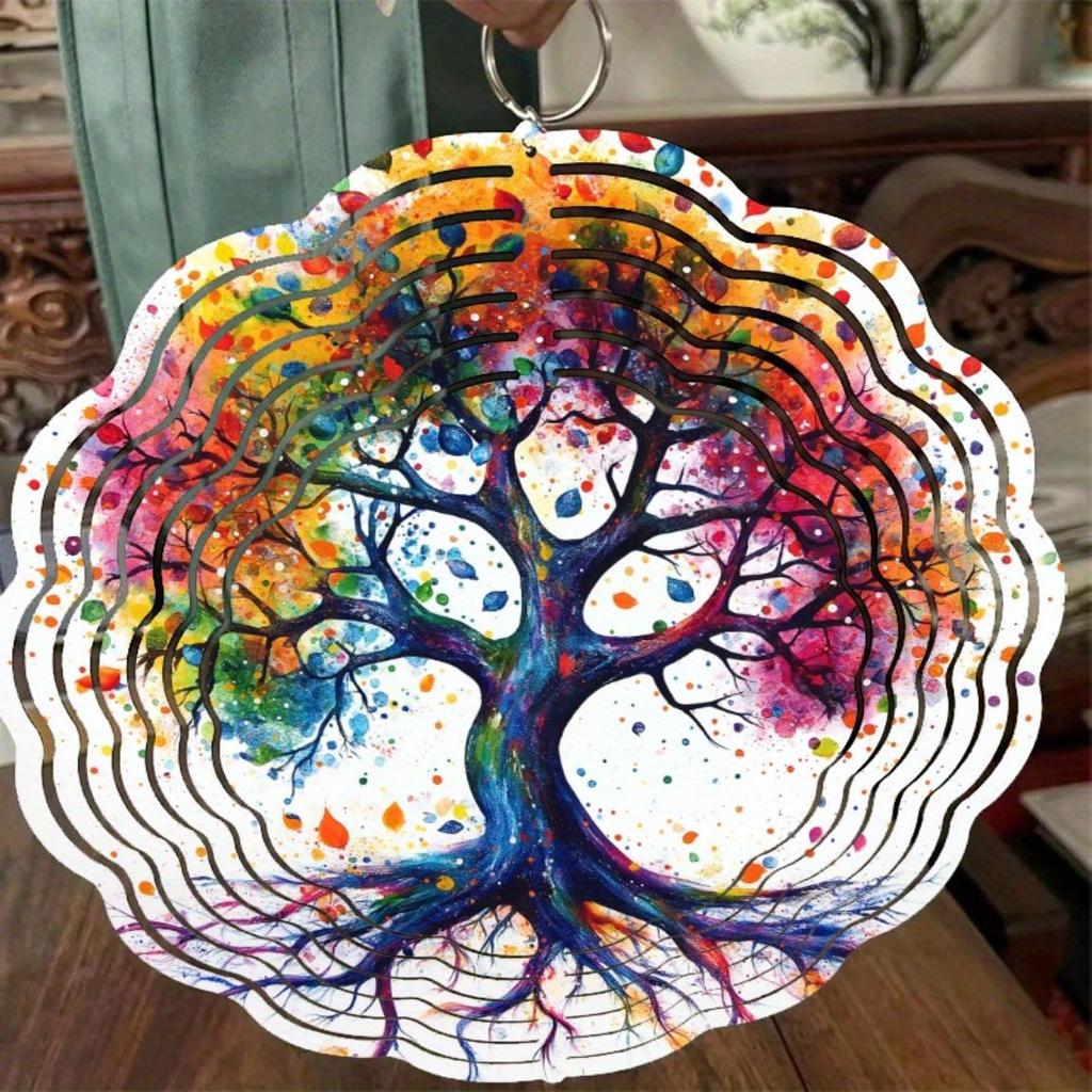Vibrant Life Tree Metal Wind Chime - Colorful Abstract Garden Art with Dangling Ornaments, Indoor/Outdoor Decor (Wall Hanging or Patio)