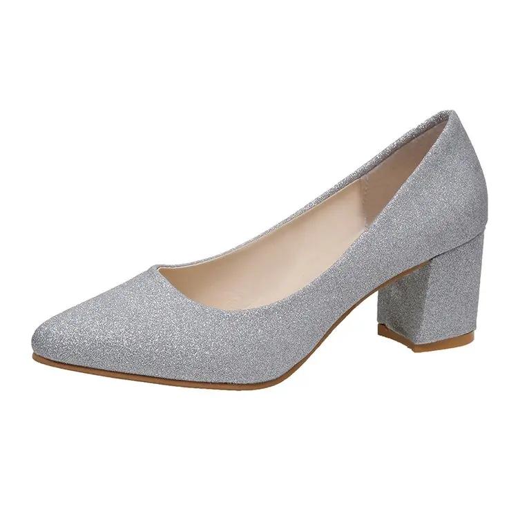 Мода 2024 Удобные женские блестящие туфли на высоком каблуке с острым носком Мягкие весенние Широкая версия Удобная золотая и серебряная обувь Большой размер 33-41