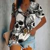 New Summer Women Fashion T-shirt Skull Printing V-Neck Tops Tees Female Vintage Short Sleeve Clothing Ladies Daily Casual Outfit