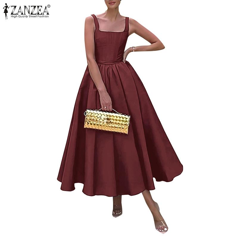 ZANZEA Женское летнее длинное платье А-силуэта с квадратным вырезом без рукавов