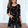Women Spring O Neck Five-pointed Star Print Tops Fashion Long-sleeved Irregular Hem T-shirt Tops