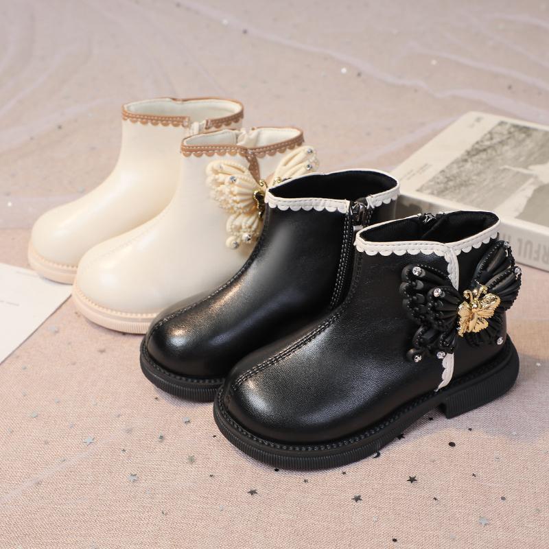 Girls Fashion Butterfly Boots Elegant Kids Short Leather Boots Chic Children Sweet Princess Boots Round-toe Anti-Slippery 2024