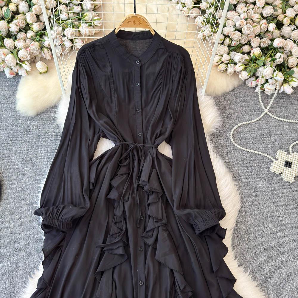 Нежный стиль, темперамент, рукава-фонарики, воротник-стойка, присборенная талия, А-силуэт, оборки по краю, шифоновое платье, элегантные большие свободные длинные платья