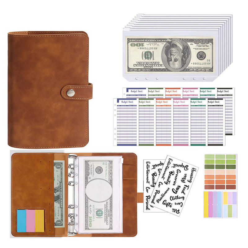 Soft PU Leather Notebook Binder Budget Planner Binder Cover with Binder Pocket Cash Envelopes Travel A6 Loose-leaf Bill Buget Sheets