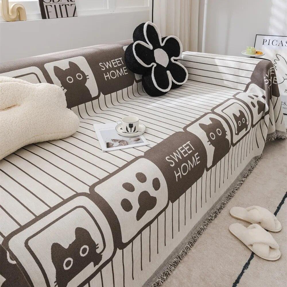 Мягкие диванные полотенца с принтом кошек и цветов, покрывала для кемпинга, пикника, анти-кошачье полотенце, черный, белый цвет, хлопковый защитный коврик для дивана