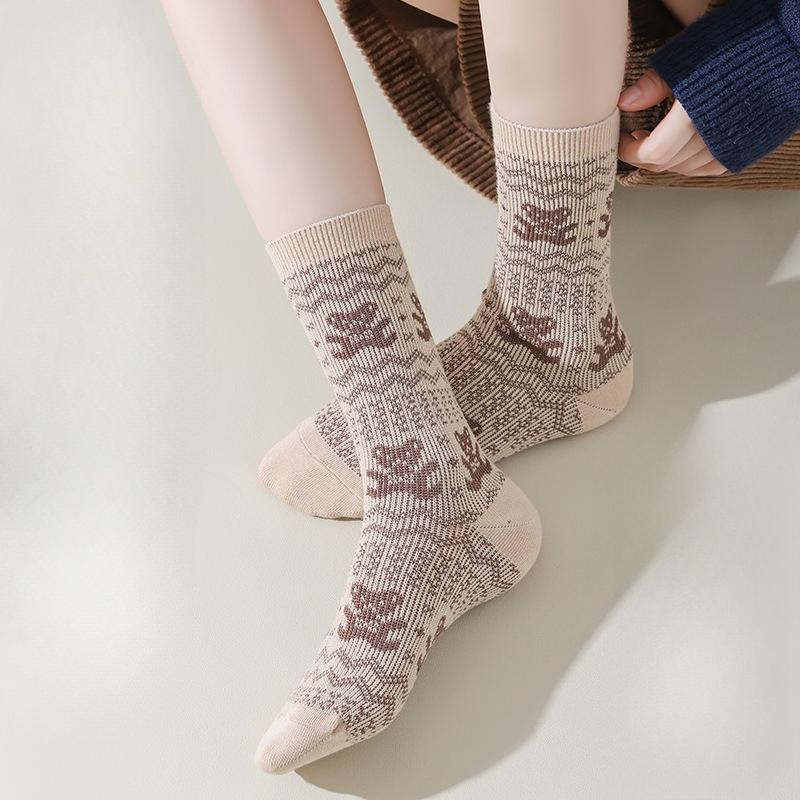 Ретро-цветные гольфы с высоким голенищем для женщин на осень и зиму и гольфы средней высоты из гребенного хлопка с махрой для женщин на весну и осень