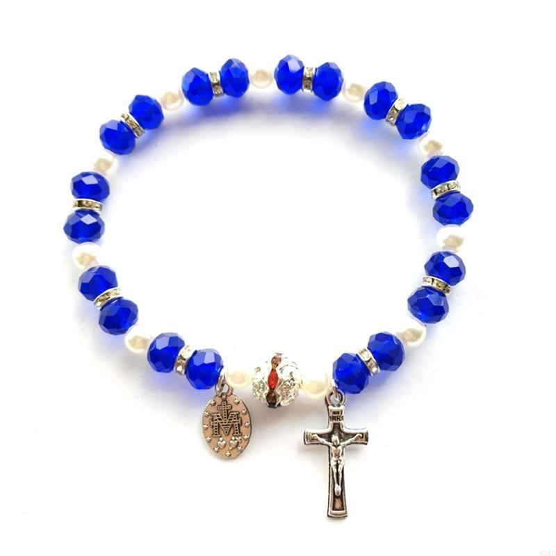 62KD Beaded Stretch Rosary Bracelet Religious for Cross Bracelet Green Crystal Bead