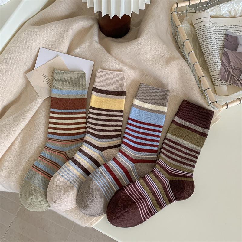 Women's Autumn and Winter Trend Personality Retro Collision Color Stripe Pure Cotton Tube Stack Socks