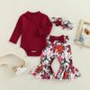 Infant Girl Autumn Clothes Set, Solid Color Ribbed Long Sleeve High Neck Romper + Flower Leaf Print Flare Pants + Headband