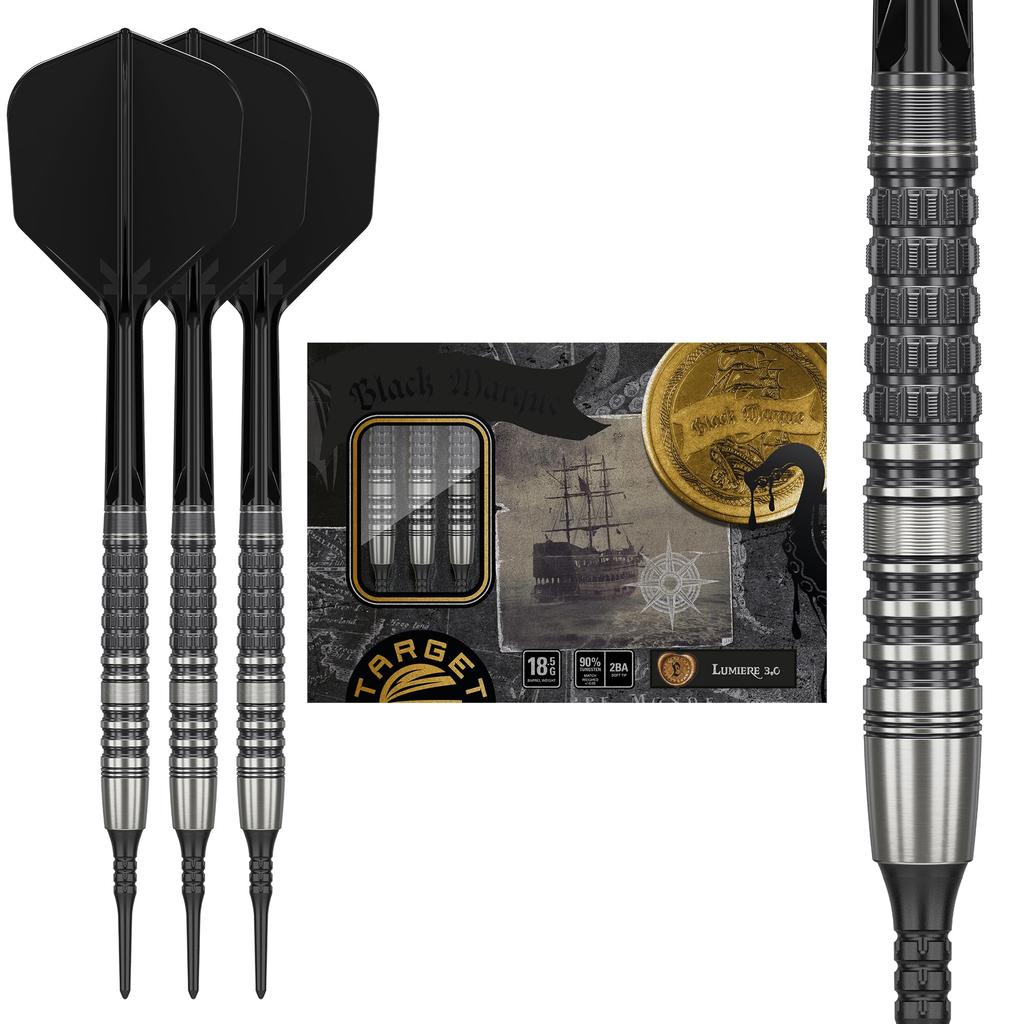 Target Japan Black Marque Lumiere Tungsten Soft Tip Dart Black Pixel Tips Black 6 Flights and Shafts Marque Lumiere 3.0 90% K-Flex Set, 18.5G 2BA,