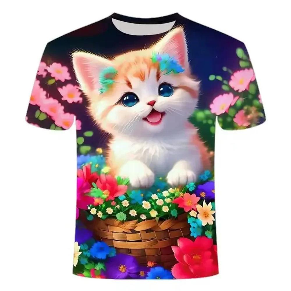 Детская летняя одежда с милым принтом кошки с коротким рукавом, мультяшный красивый топ для девочек, повседневная футболка с круглым вырезом