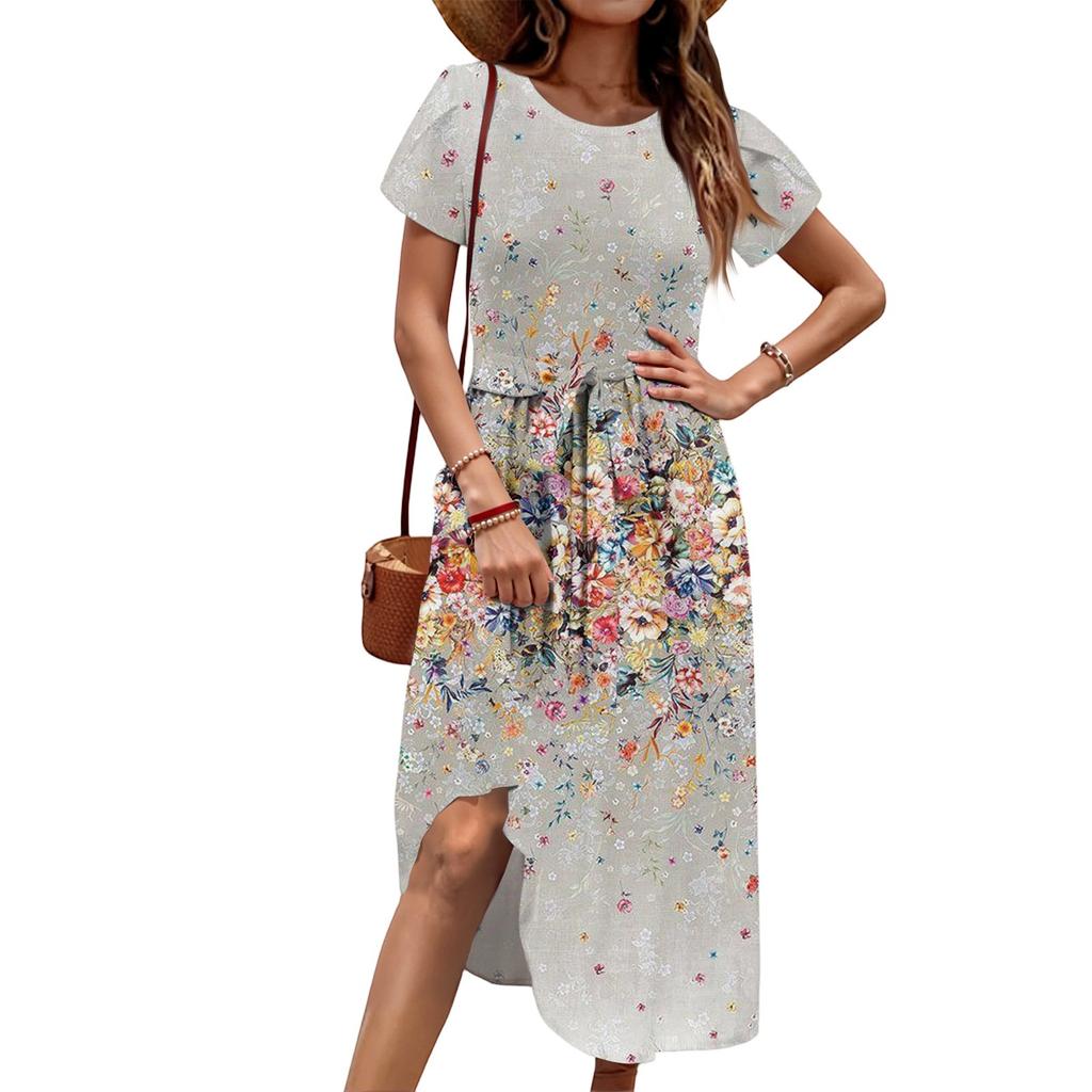 Women's Casual Cute Pattern Print Round Neck Midi Dress Basic Classic Outdoor Everyday Short Sleeve Loose Dress