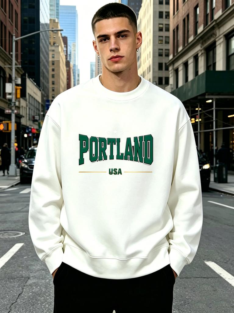 Мужская толстовка с круглым вырезом, стильный принт с буквами "PORTLAND" и звездами, мягкая ткань, свободный крой, уличный стиль и комфорт на весь сезон исключительно для мужчин