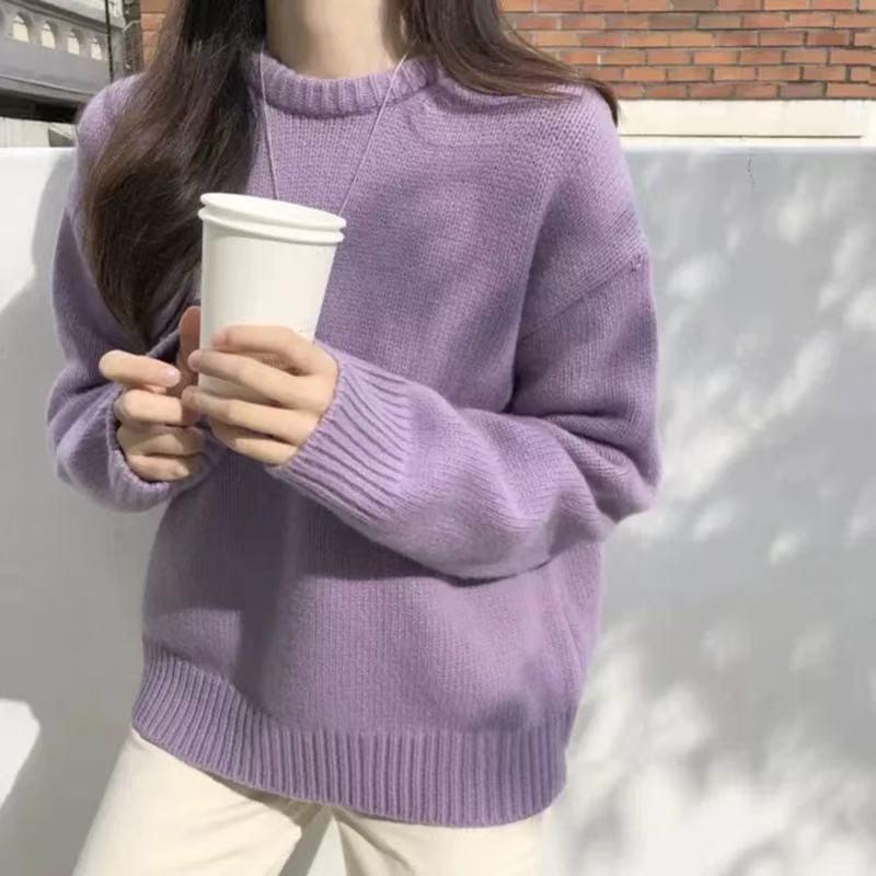 Women's Heavyweight Pure Wool Round Neck Sweater - Thick, Loose, Knit Base Layer for Autumn/Winter