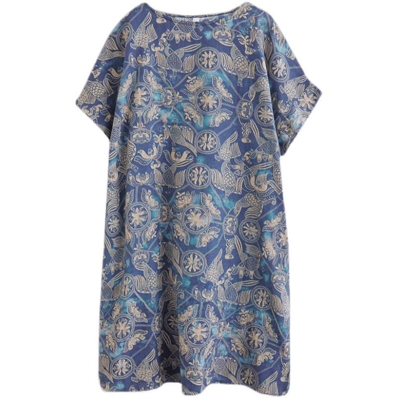 Женская одежда Литературное и ретро принт Хлопок и лен Платье с коротким рукавом Скрывающее полноту и стройнящее Свободное средней длины