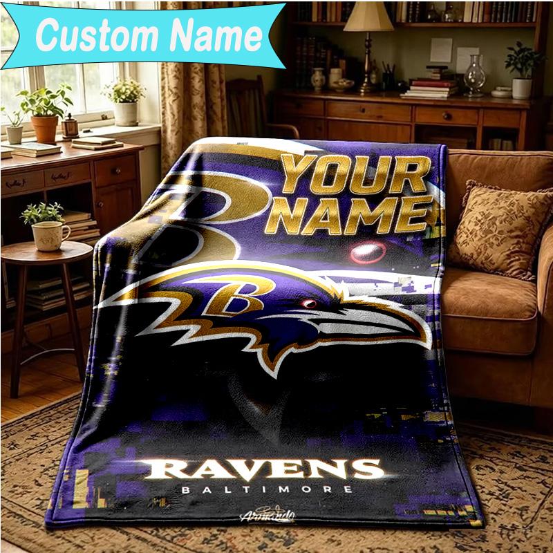 1PC Custom Name Blanket Ravens Team Spirit Flannel blankets Patterns Throw Blanket All-Season Soft Gift for Couch, Bed, Camping, Birthday gifts
