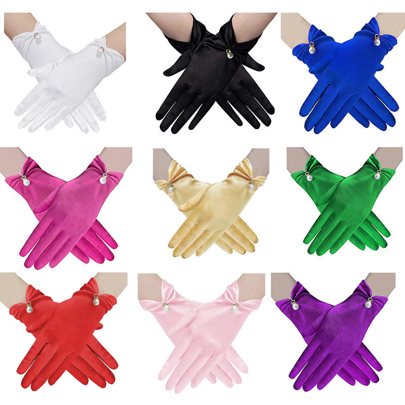 White Satin Wedding Dress Gloves Short Elegant Petal Pearl Bow Mesh Bridal Gloves Versatile Photo Accessories Pearl Retro