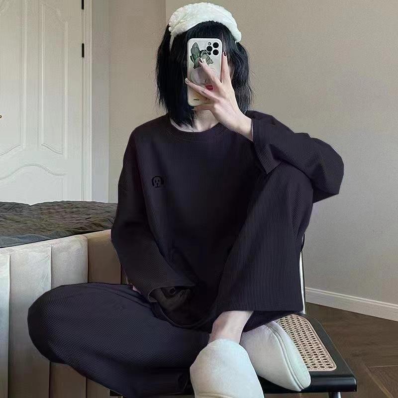 Пижамы для дома и отдыха для женщин, осенние и зимние вафельные пижамы, женская одежда для сна с длинным рукавом, домашняя одежда, комплект из двух предметов